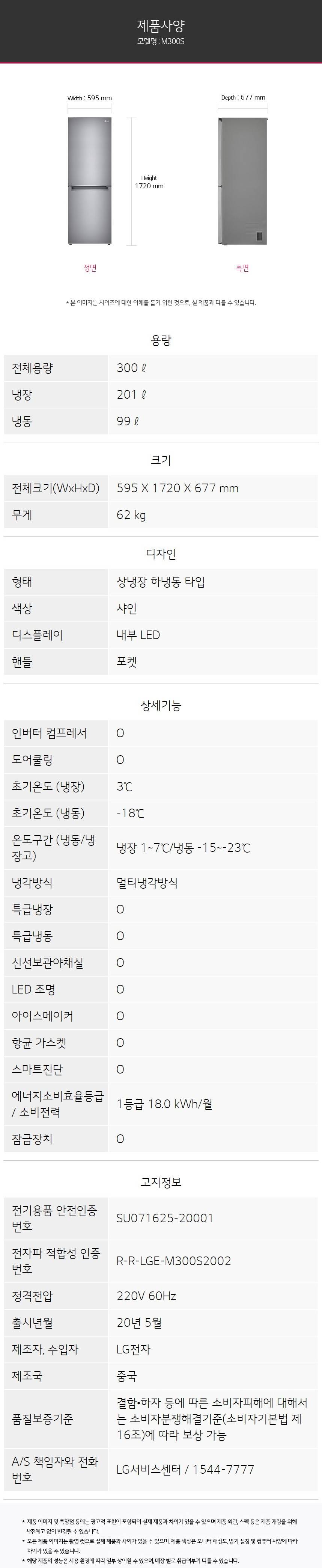 LG전자 상냉장 일반냉장고 M300S